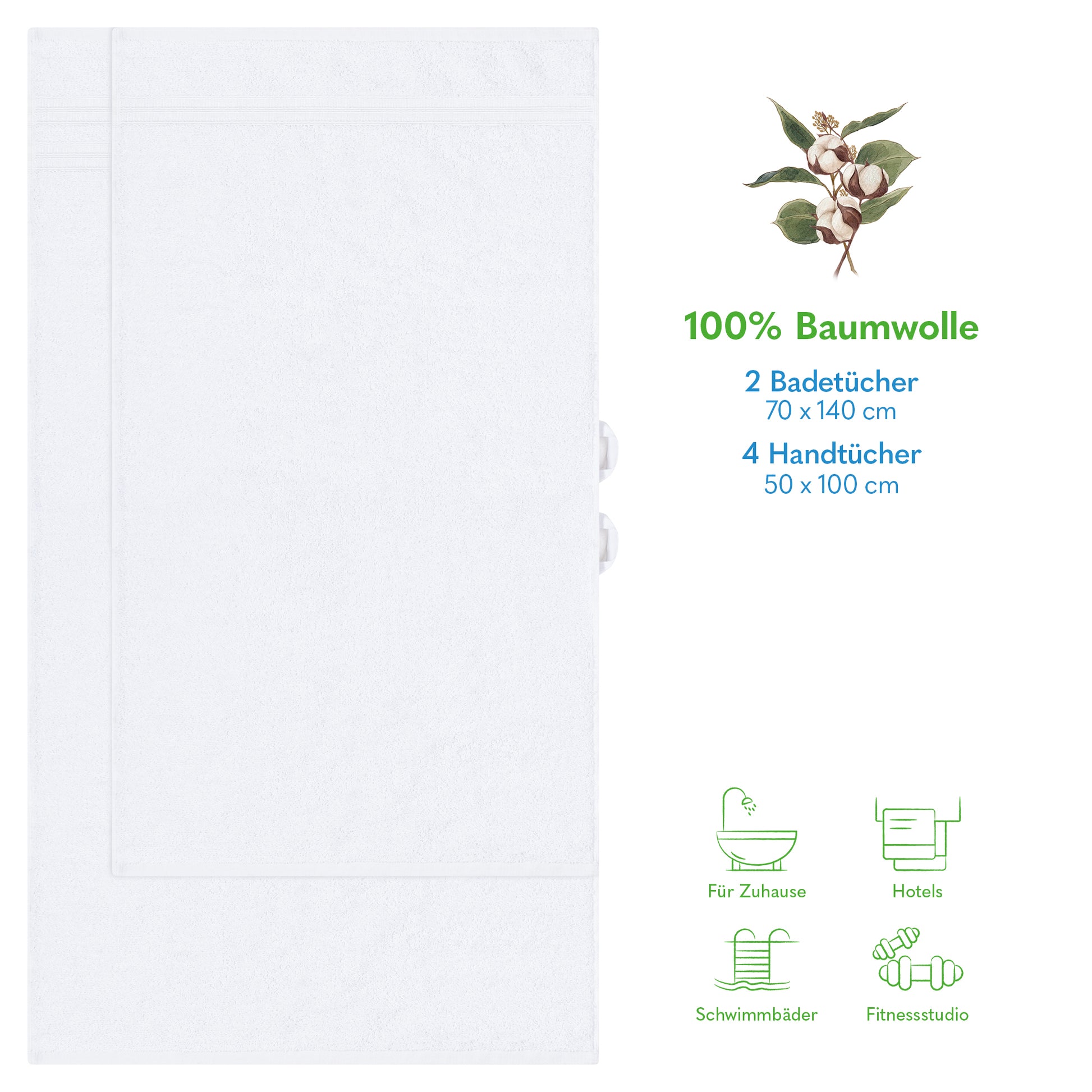 Hammetex 6 teiliges Handtuch Set, 100% Baumwolle Weich Saugstark Qualität Handtücher Set, 2 Badetücher 70x140 cm, 4 Handtücher 50x100 cm - Weiß -3
