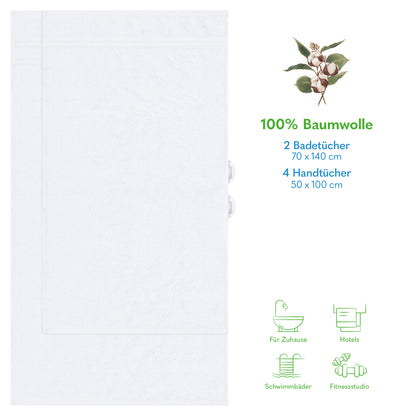 Hammetex 6 teiliges Handtuch Set, 100% Baumwolle Weich Saugstark Qualität Handtücher Set, 2 Badetücher 70x140 cm, 4 Handtücher 50x100 cm - Weiß -3